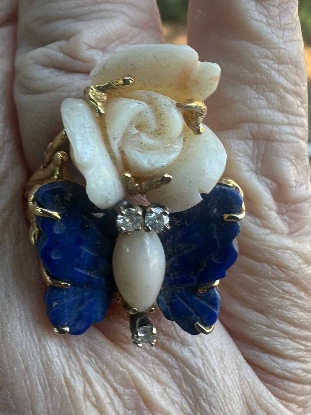 18K Yellow Gold Lapis Butterfly & Coral Ring 14.87G